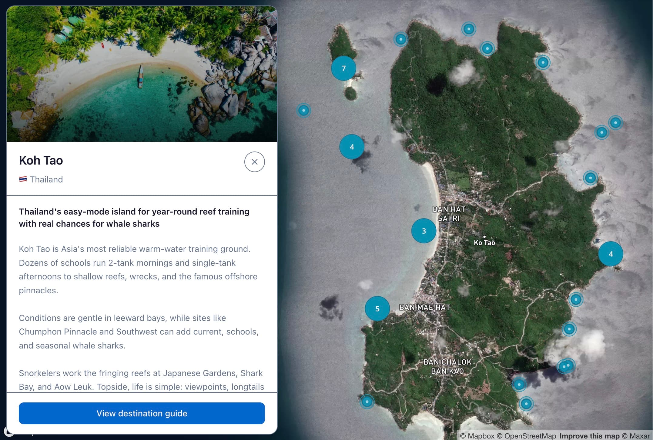 Koh Tao dive map view with destination card and clustered nearby dive sites