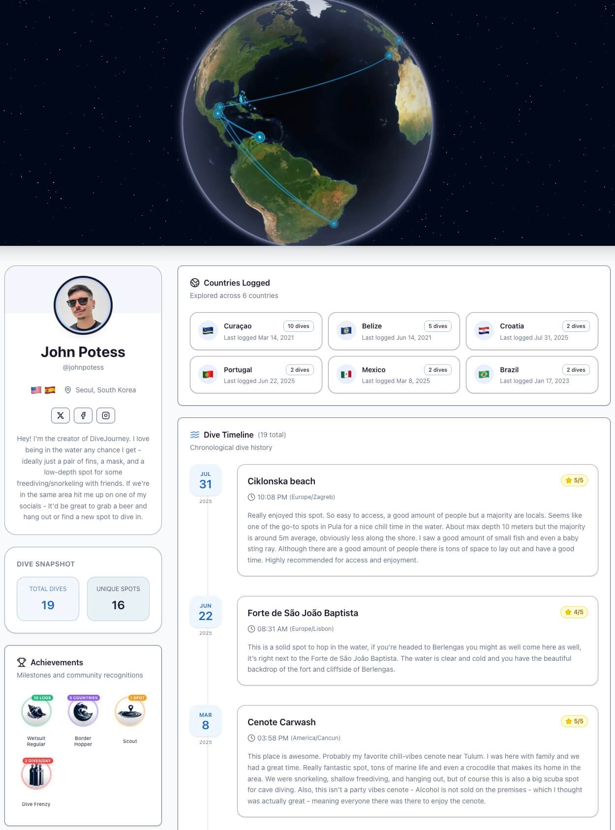 Preview of a DiveJourney explorer profile with dive map and timeline